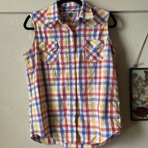 Vintage sleeveless plaid Pearl snap button down shirt by Circle Classics